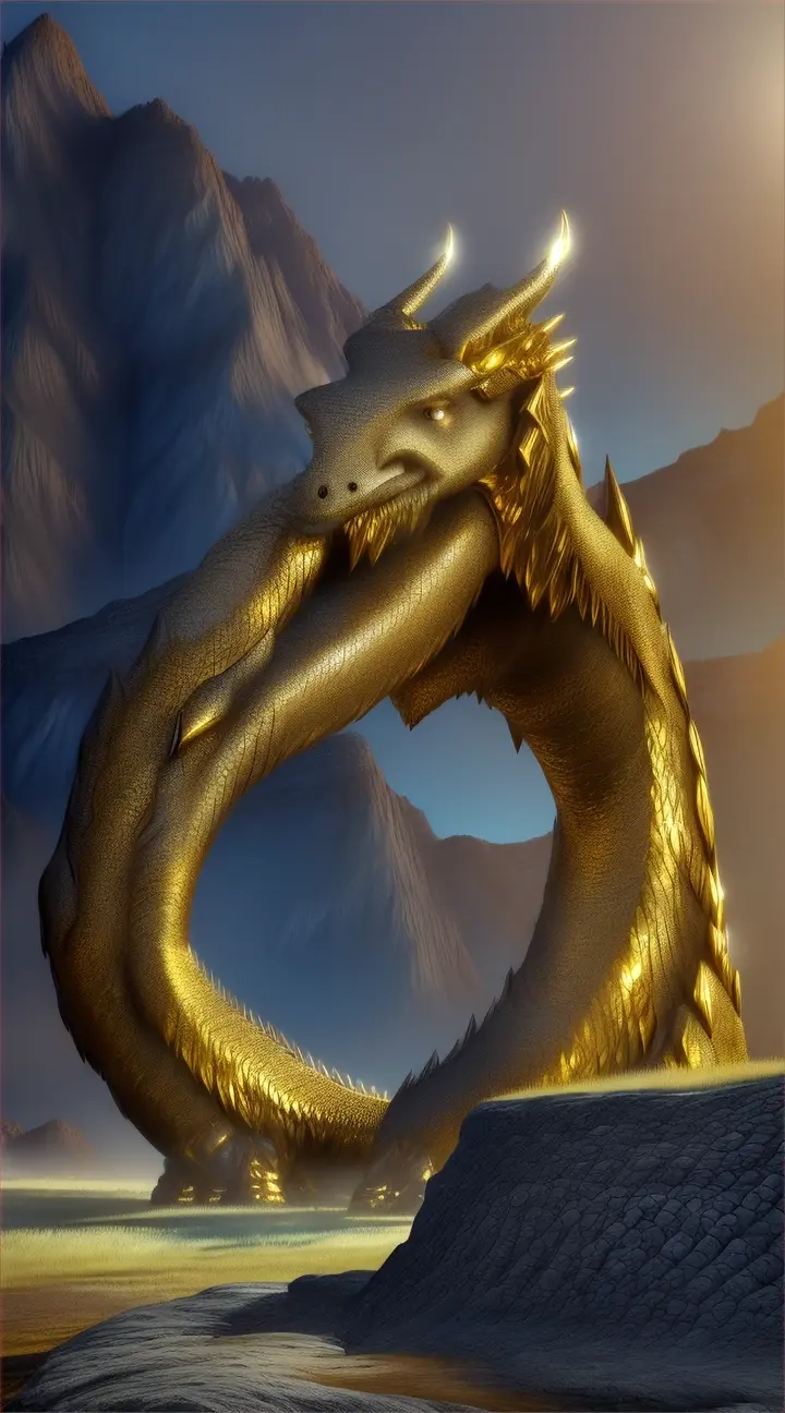 Möngö-Morit-"Imagine a Möngö-Morit, a magnificent creature that guards the wealth beneath the Mongolian earth, standing guard over a hidden entrance to a mine deep within a rugged mountain range. Its body is a powerful fusion of dragon and horse, with scales that glint like precious metals under the sunlight and a mane that flows like liquid gold. Around its feet, scattered gems and gold nuggets hint at the riches it protects. The Möngö-Morit's gaze is both inviting and warning, a testament to its dual role as both guardian and test to those who seek the earth's treasures. The background features the breathtaking landscape of Mongolia, with vast steppes stretching out beyond the mountains, under a sky transitioning from the golden hues of dawn to the clear blue of day."