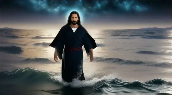 Jesus Christ walking up on the water at lake at night 