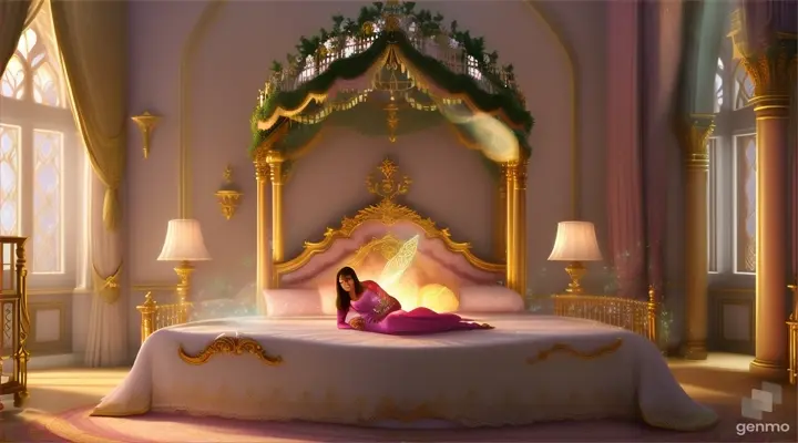 Make an animated video showing a pregnant women sitting on her bed and eating a magical glowing leaves . The women lives in a palace