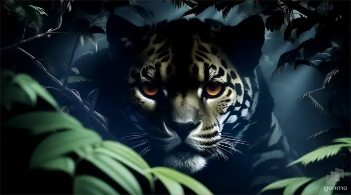 es de noche unos ojos de hombres que parecen jaguar alumbran en medio de la selva, como película de terror