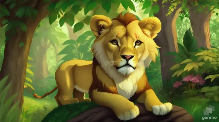 Once upon a time, in the heart of the dense and lively Whispering Woods, lived a curious little lion cub. Lion cub had a heart as brave as a lion's, and his eyes sparkled with the excitement of adventure. Lion cub was not like other lion cubs; he didn't enjoy the loud and boisterous games of the Savannah. Instead, he yearned for the quiet mysteries of the jungle. cartoon illustration