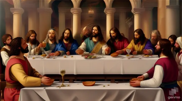 Jesus Christ, praying  with bread and wine in the cup,  at last supper with 12 apostle, realistic 