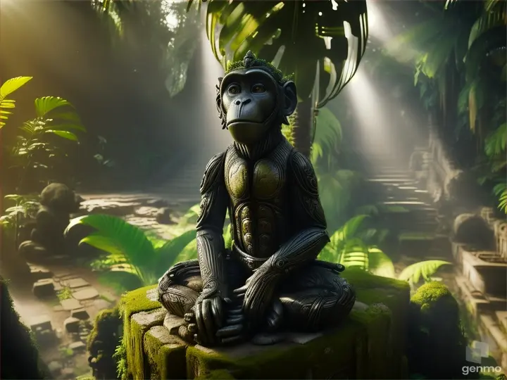 A monkey sculpture among ancient alien ruins, overgrown with lush tropical plants