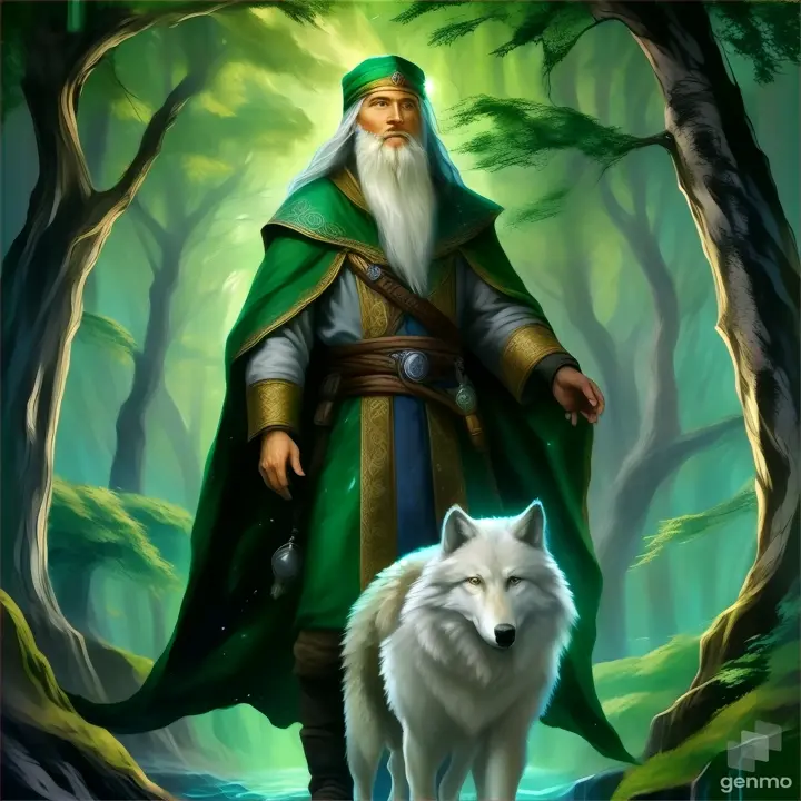 a painting of a man and a wolf in a forest