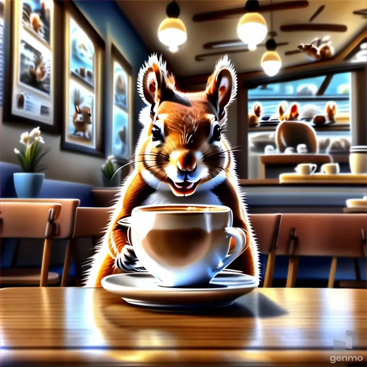 a squirrel is sitting at a table with a cup of coffee