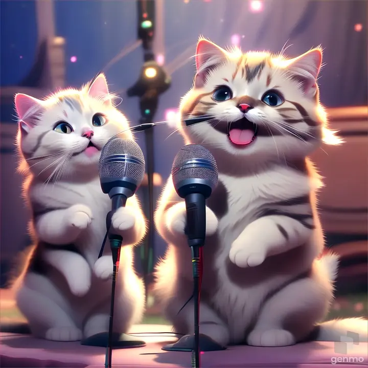 a couple of cats standing next to each other in front of microphones