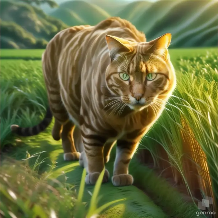 a cat walking through a lush green field