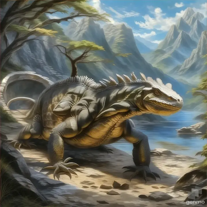 a painting of an iguana on the shore of a lake