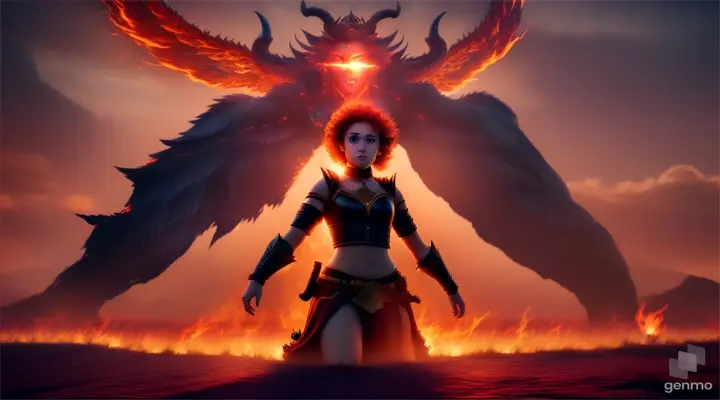 A young man with a sweet face in blue clothes and a woman with curly hair stood facing the demon army on a wide battlefield, magic light and fire blazing around them. In the distance, the silhouette of a demon king was floating in the air, red eyes burning with evil.animation