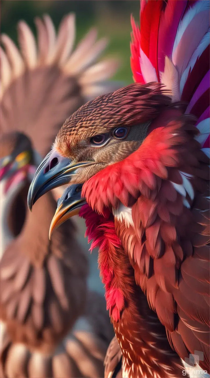 Photographs or illustrations of a male turkey, known as a tom, reacting to the presence of a female turkey, with its head and neck blushing in vibrant colors.