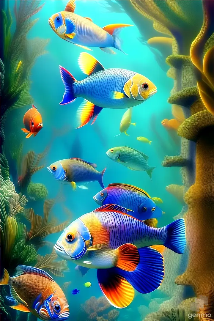 a painting of a group of fish swimming in the ocean