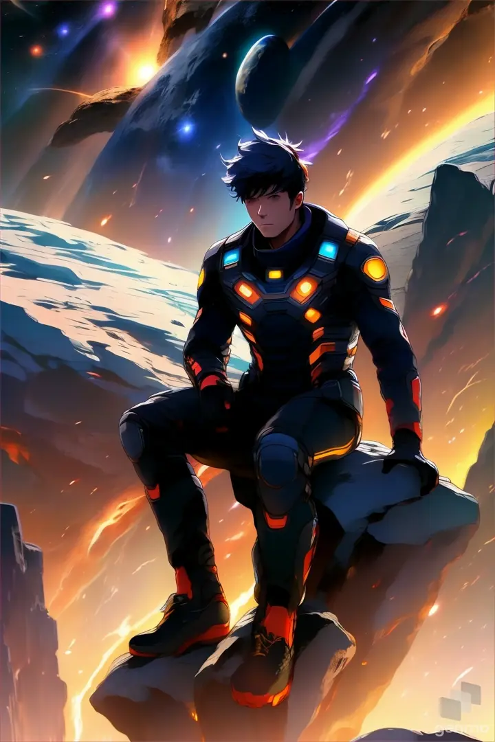 a man sitting on top of a rock in front of a planet