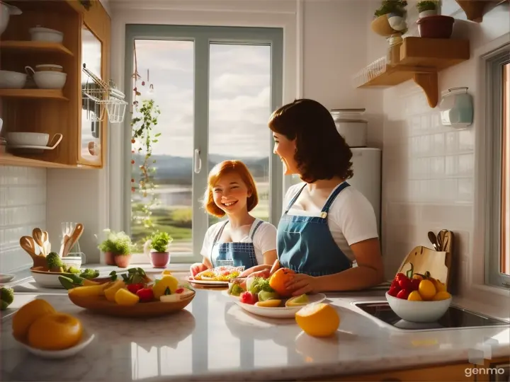 Two happy girls cooking in a small kitchen next to a window with a scenic view. Fruits and vegetables on the countertop with natural light pouring in.