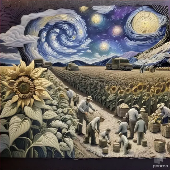 a painting of people working in a field of sunflowers