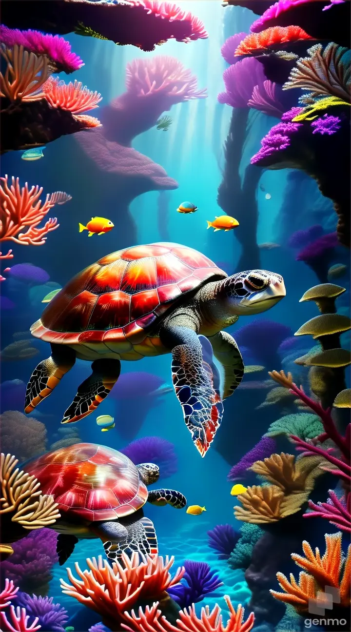 a painting of a turtle swimming in the ocean