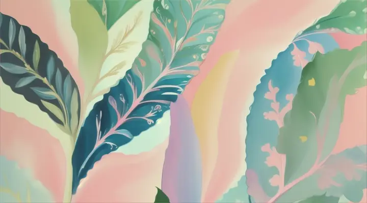 a painting of blue, pink, and green leaves