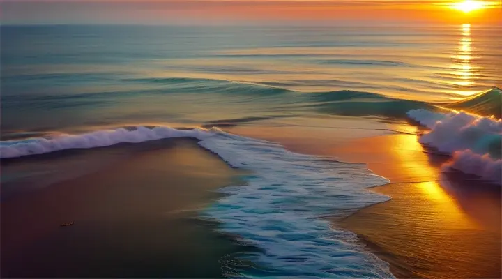 Golden hour drone footage gliding over serene ocean waves at sunrise