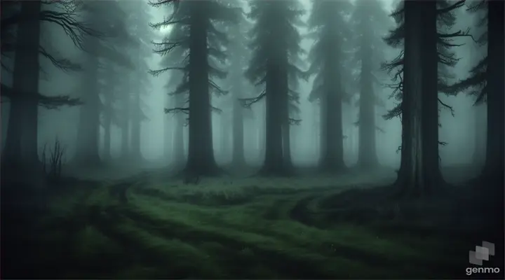 dark forest with more trees, green colors, hell on earth, mysterious, spooky (1920x1080px)