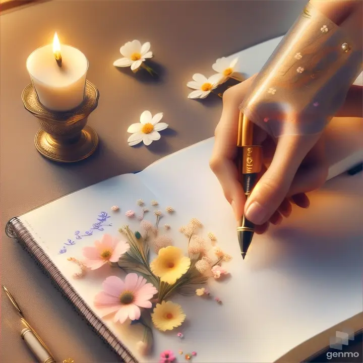 a person writing on a notebook with flowers and a pen