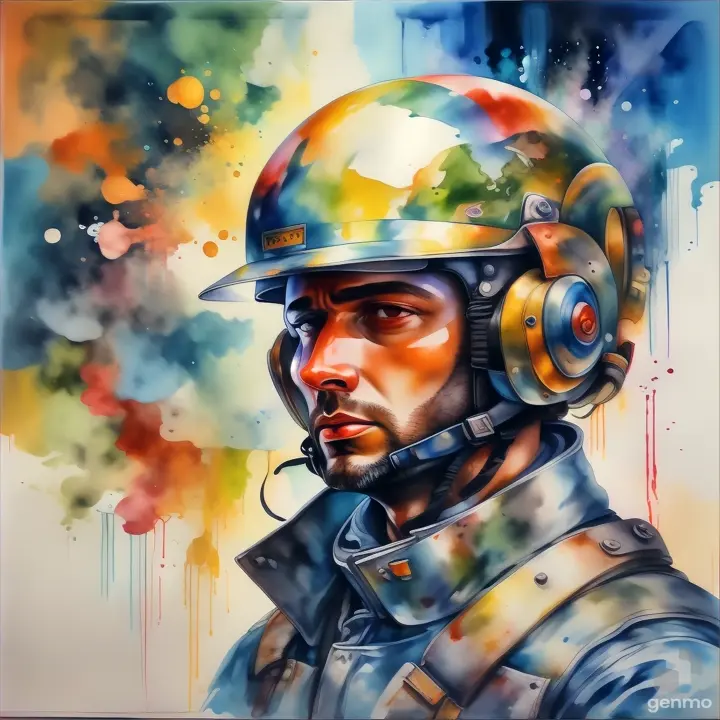 a painting of a man fearful wearing a helmet