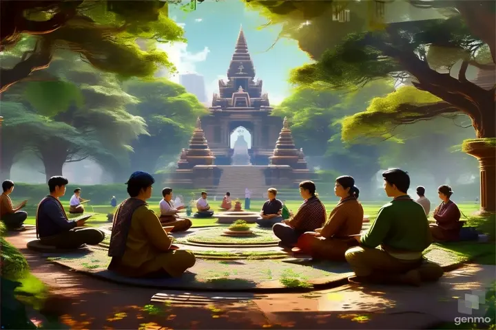 a group of people sitting on top of a lush green park