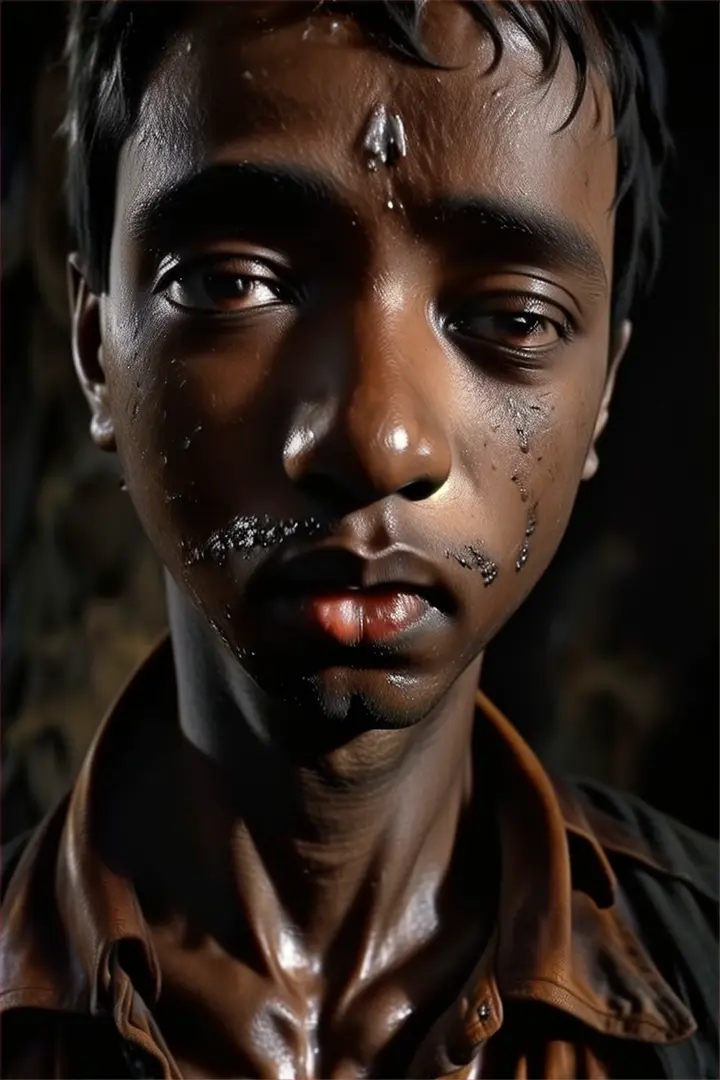 a man with a dirty face and a black background