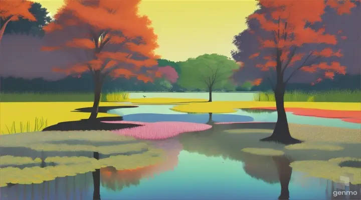 Vibrant minimalist pond with trees and dragonflies with shadow silhouette outline
