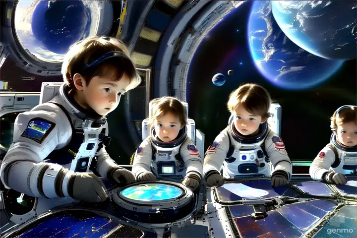 a couple of kids experiment  in a space station