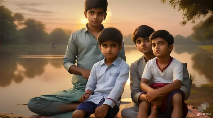 The scene depicts Gautam Rishi sitting amidst the tranquil ambiance of dusk, with his family beside him. A young, serene-looking boy stands before him, clad in simple attire, his eyes gleaming with innocence and curiosity.16:9 ratio