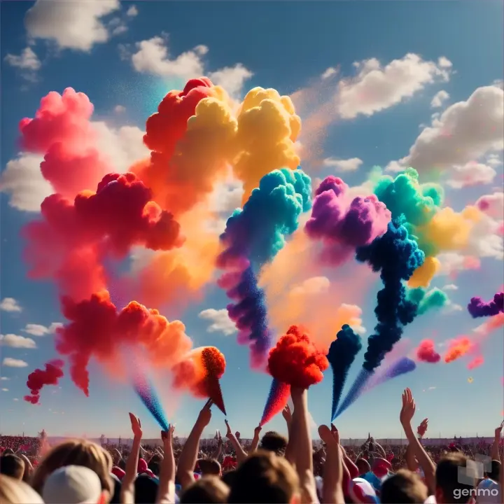 People throwing colored powder into the air, creating vibrant clouds against a blue sky backdrop