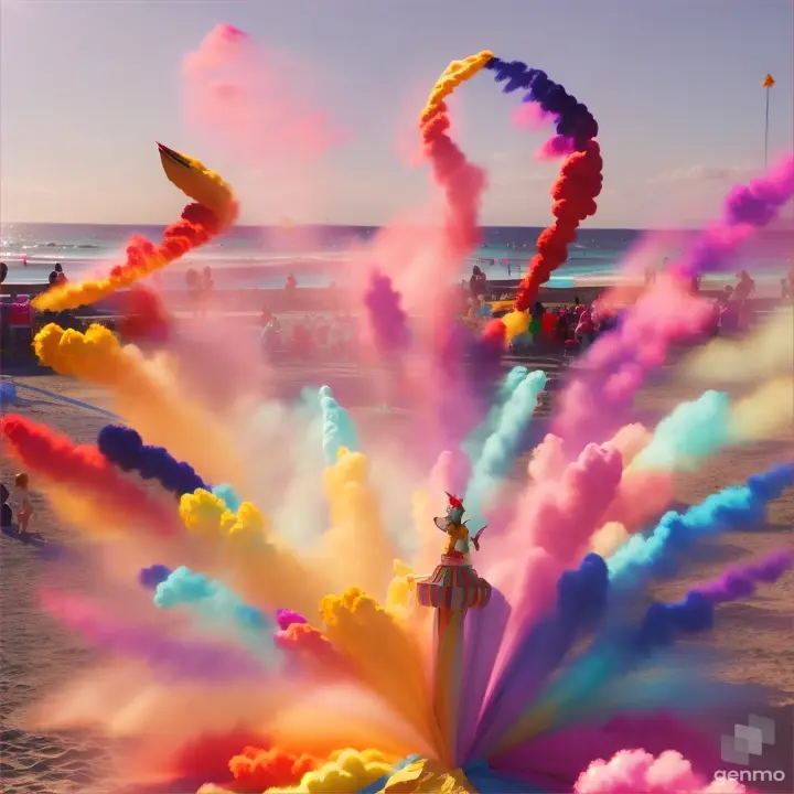 People throwing colored powder into the air, creating vibrant clouds against a blue sky backdrop