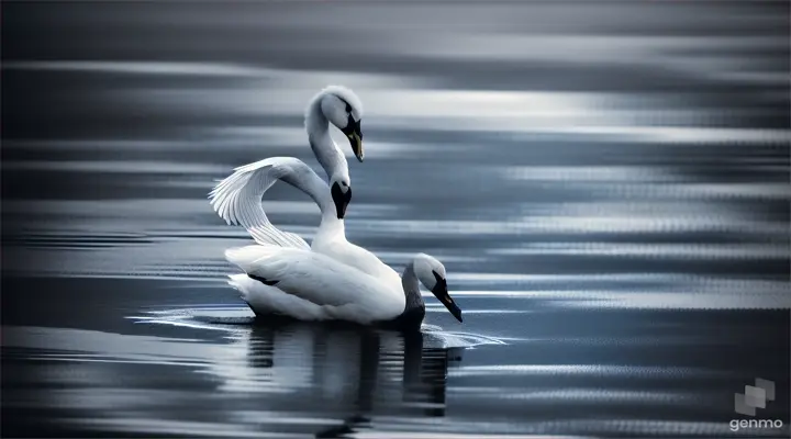 Ink sketch of a swan on a moonlit lake, with thin layers of blue giving a light, dreamlike feel