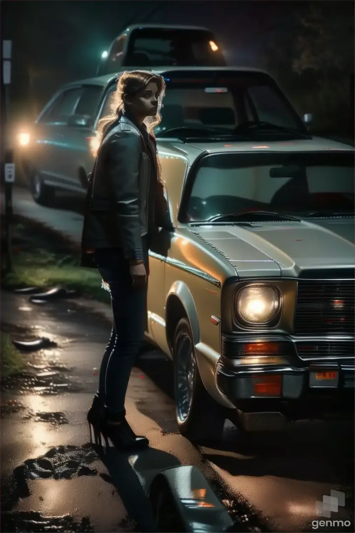 a woman standing next to a car in the dark