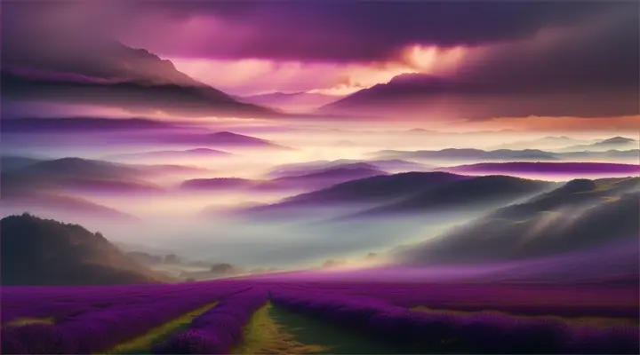 View of a valley floor with rows of purple clouds, shrouded in morning fog and distant mountains