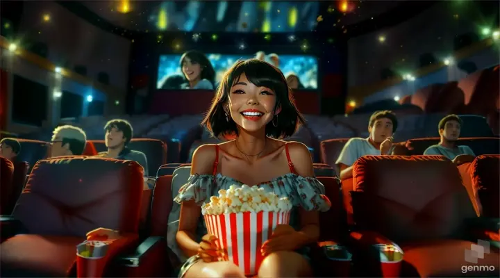 a woman sitting in a movie theater holding a bucket of popcorn