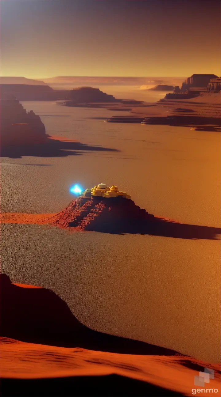 Lego spacecraft lands on Mars. The surface of Mars is dazzling with majestic volcanoes and deep canyons. Add glowing laser effect, 