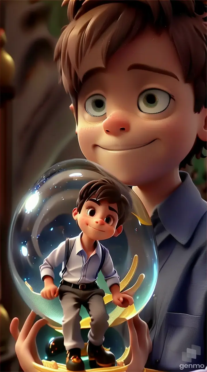 a boy holding a glass ball with a picture of a boy in it