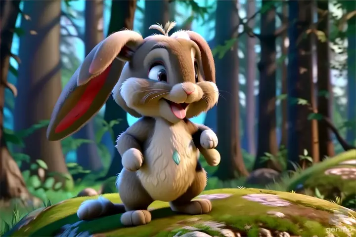 a cartoon rabbit standing on top of a lush green field"Bella, the Bunny, is full of boundless energy and love. She hops and skips through the forest, spreading joy wherever she goes."