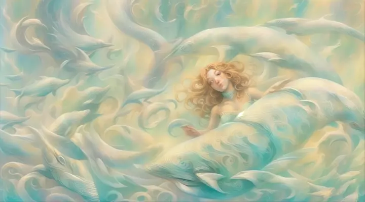 a painting of a woman floating in the ocean surrounded by dolphins