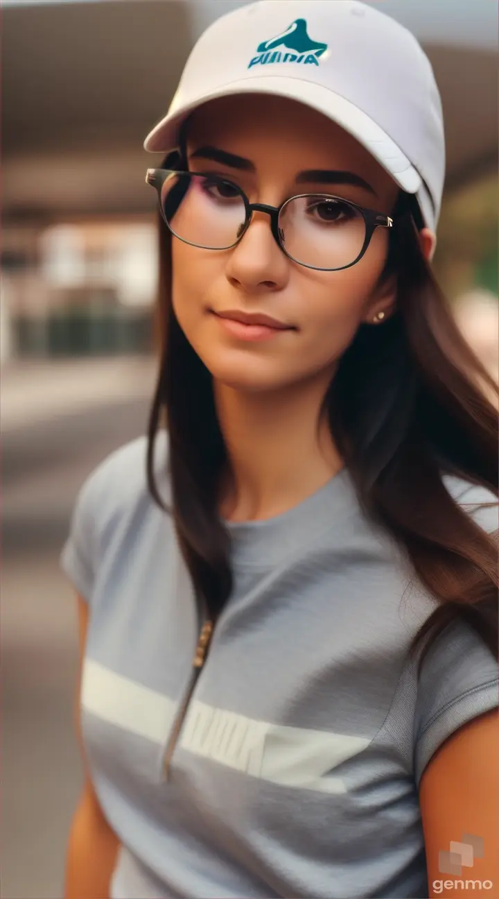 Beautiful woman slightly smiling. She wears puma cap and glasses 