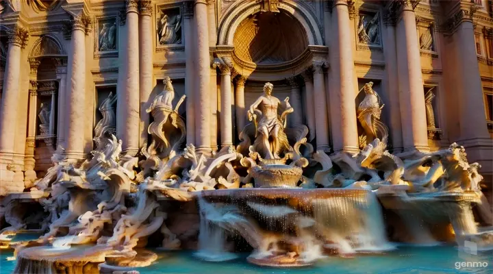 cinematic a close-up of the Trevi Fountain