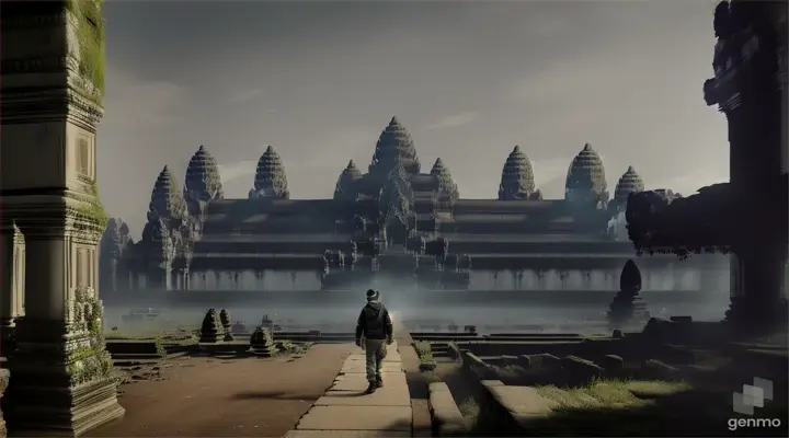 A lone human stands among the ruins of Angkor Wat, in a post-apocalyptic world, nature overtaking everything