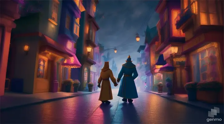 /imagine prompt: 3D animation, personality: [Illustrate Uplifting Cartoon characters engaging in fun activities The king and his loyal servant disguised, walking through the streets at night to learn about the conditions of their people. It should feel otherworldly and magical.] unreal engine, hyper real --q 2 --v 5.2 --ar 16:9