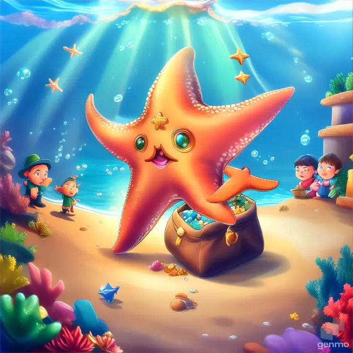 a starfish excitedly showing a bag of gems and gold in the ocean to other sea creatures