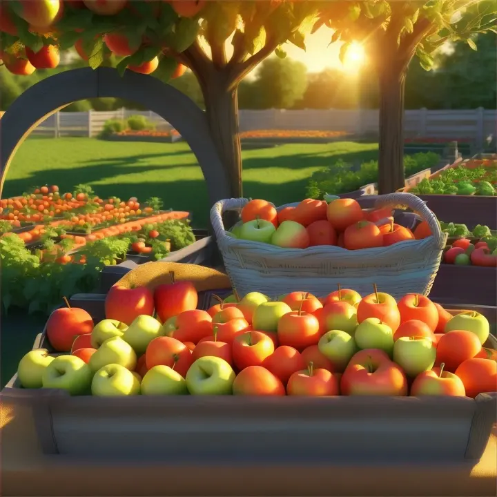 Apples, carrots, in garden, under the glow of a vibrant sunset, with shadows stretching long and a warm, inviting light enveloping everything, Pixar 3D