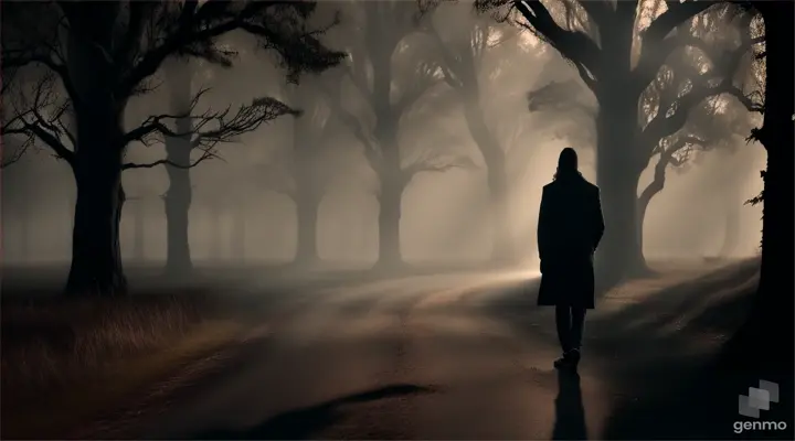 Arjun walking courageously down the haunted road, his figure illuminated by the moonlight, with spooky shadows cast by the surrounding trees.