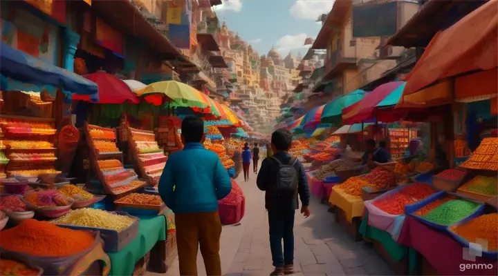 Arjun and child exploring a vibrant marketplace full of colorful buildings and winding pathways