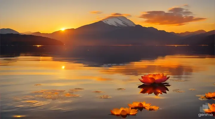 A mesmerizing photo of a tranquil sunset scene, with a warm golden and orange sky reflecting on a calm water body. Silhouetted mountain peaks can be seen in the distance, adding depth to the serene composition. A vibrant lotus flower floats gracefully on the water's surface, its blue petals and white hints surrounding a bright yellow center. The lotus's reflection dances on the water, creating an enchanting atmosphere that captures the essence of a moment frozen in time,High quality, clear deta