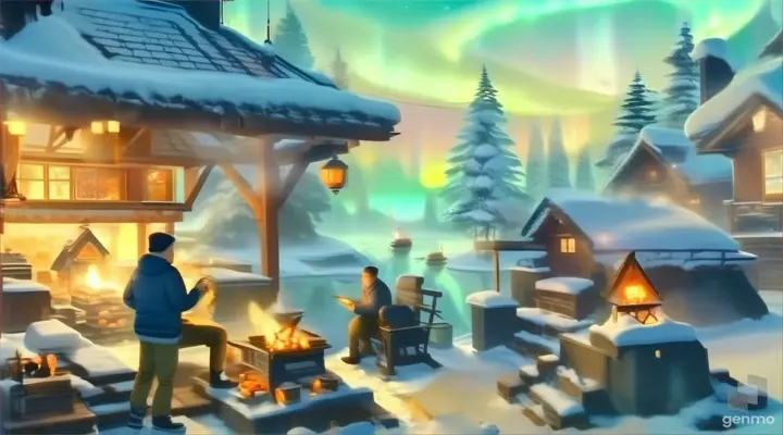 Man lighting a campfire in snow, with his dog nearby, under the Northern Lights