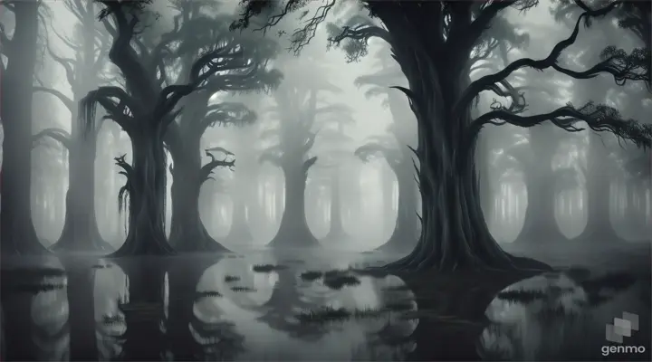 A ghostly figure emerging from a misty swamp, surrounded by twisted trees and glowing mushrooms